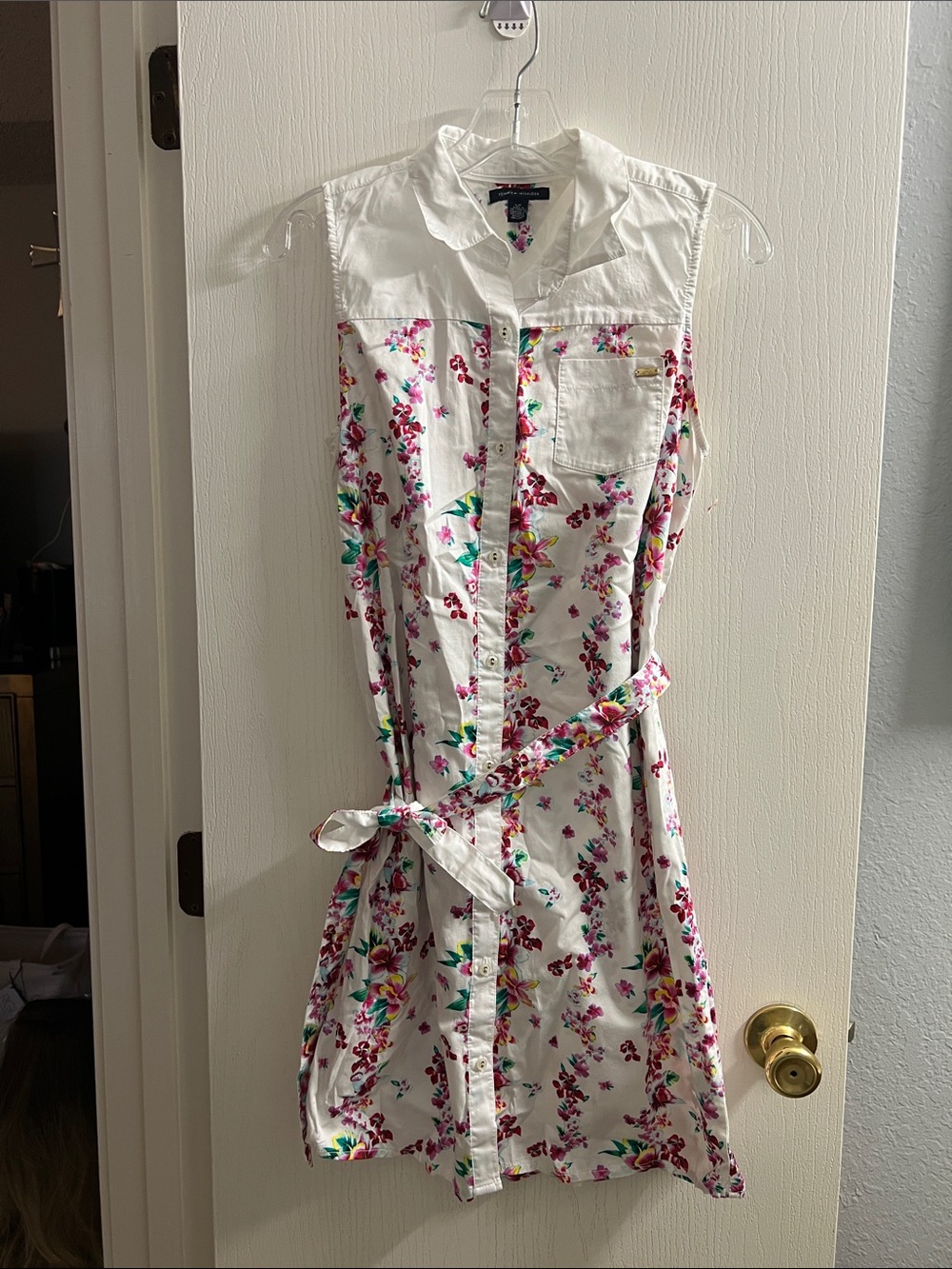 Tommy Hilfiger White Sleeveless Floral Button-Front Shirt Dress